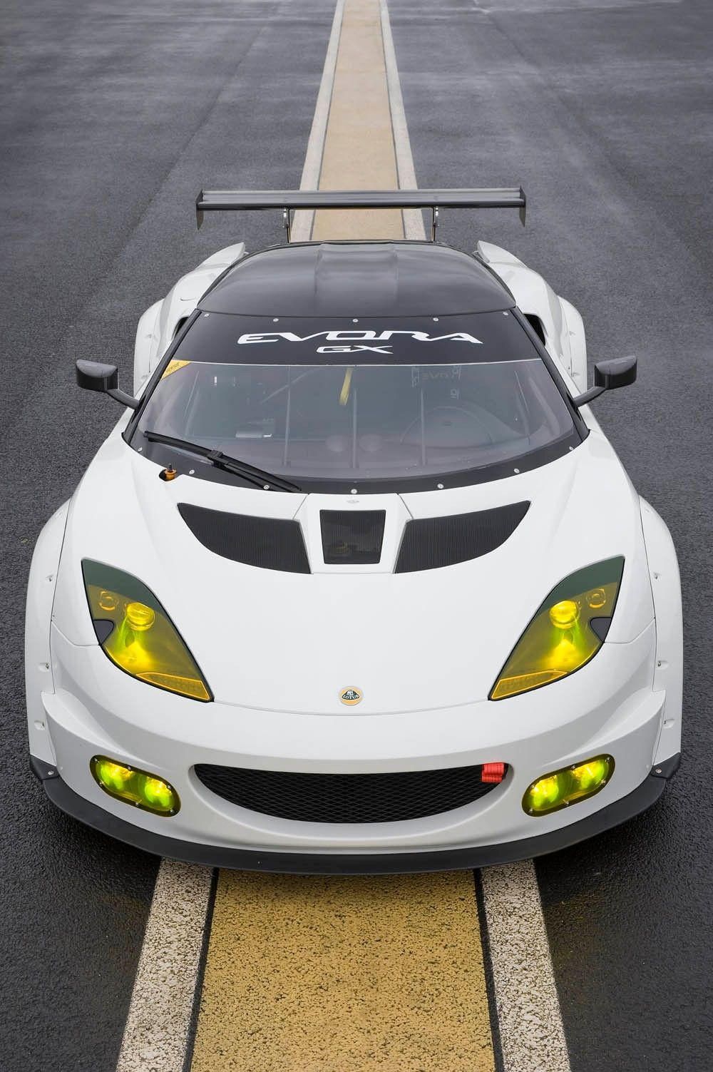 White Lotus Evora GT race car from the front